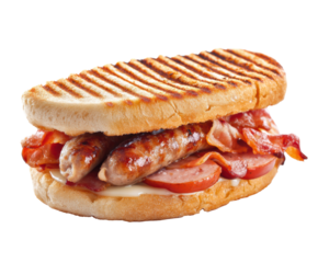 Delicious sausage and bacon sandwich for breakfast enjoyment, cut out transparent