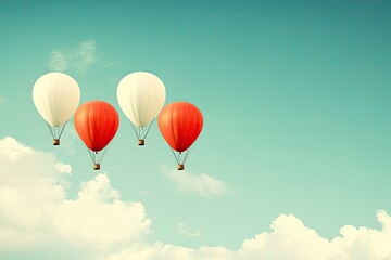 Four hot air balloons in a row against a pastel sky