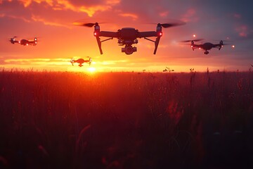 Silhouette of Drones in Flight During Vibrant Sunset Landscape