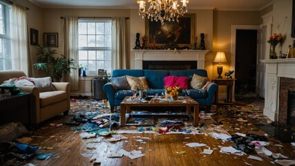 Messy living room after party showing aftermath of celebration