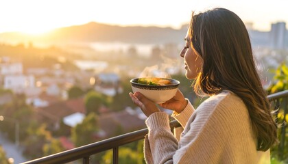 Woman on a balcony holding a bowl of food enjoying sunset with city view