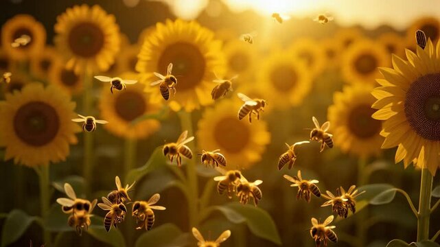 A group of bees flying around a field of sunflowers
