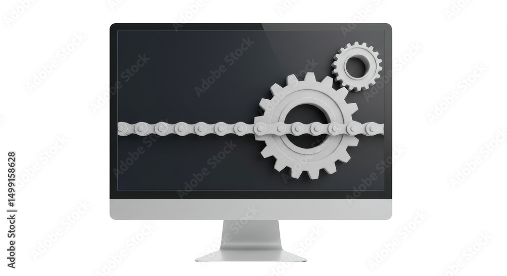 Poster isolated computer screen displaying a chain and gear mechanism