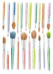 Painting tools elements colored pencils drawing.
