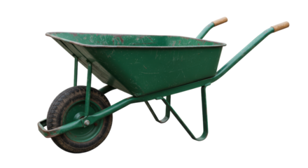 Isolated Green Wheelbarrow Used for Gardening and Construction