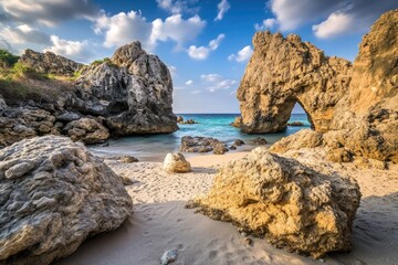 Coastal scene of rocks, beach, and turquoise water. Sunlight bathes the scene
