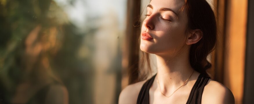 The serene woman enjoying sunlight and relaxation by the window.