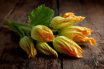 Charming fresh zucchini flowers on rustic wood  
