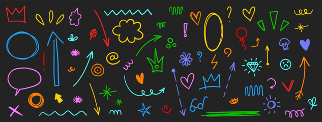 Scribble line shapes, hand drawn brush stroke underline highlight doodle comic set heart, arrow, arrow marker, vector stars, circles, text vector cute minimalist simple illustration