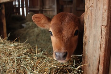 Cute young calf feeding on barn hay  
