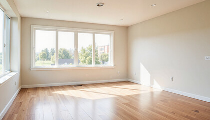 Obraz premium Empty modern living room with large windows and hardwood flooring 