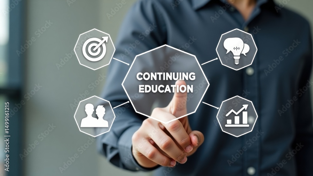 Poster a person touches a digital interface displaying the concept of continuing education.
