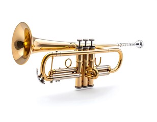 Obraz premium Golden brass instrument isolated on white background showcasing musical instrument detail. Perfect for music themes. Studio shot