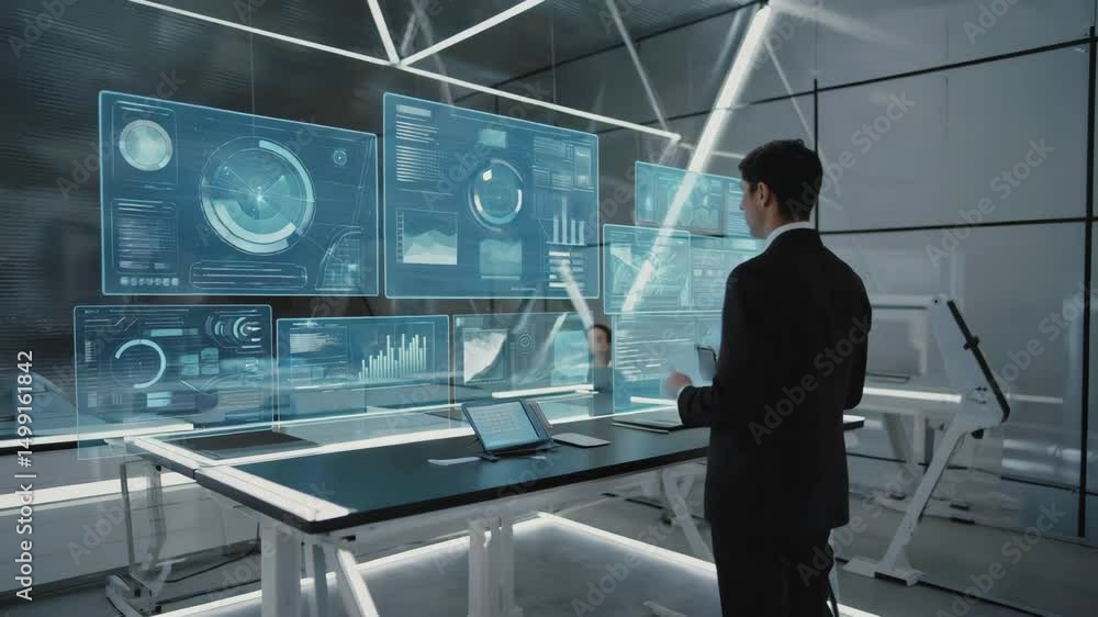 Aufkleber businessman in office presentation with ai holograms display charts graph data visualizations in fut