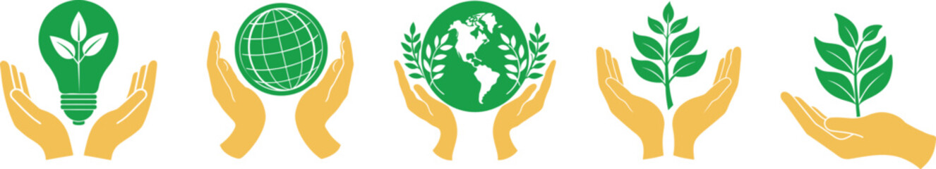 World Earth Day, Environment Day concept vector illustration set, hand holding earth, plant and eco-friendly bulb
