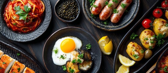 Assorted breakfast and lunch dishes on dark plates.