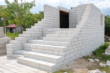 Exterior view of a structure under construction.  Steps and walls are built of light-colored blocks