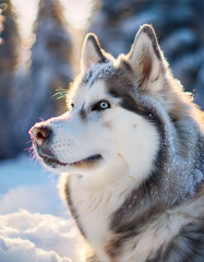 Naklejka premium Generated Image of A husky standing in freshly fallen snow, ice crystals on its fur and visible breath in the cold air