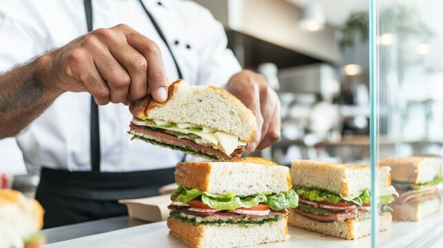 Chef Preparing Fresh Sandwiches Behind Glass Counter in Contemporary Kitchen Environment