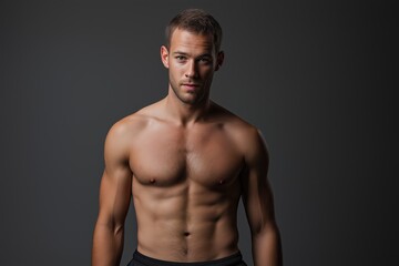 Fototapeta premium A man with a muscular chest and arms stands in front of a gray background. He is posing for a photo, and his body language suggests confidence and self-assurance