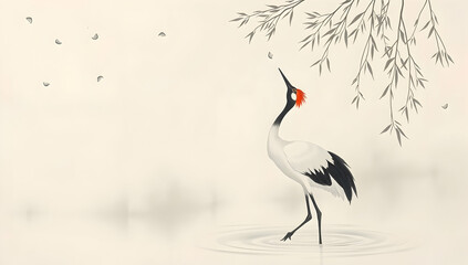 Elegant crane stands in misty water under willow branches, classic Japanese sumi-e style. 