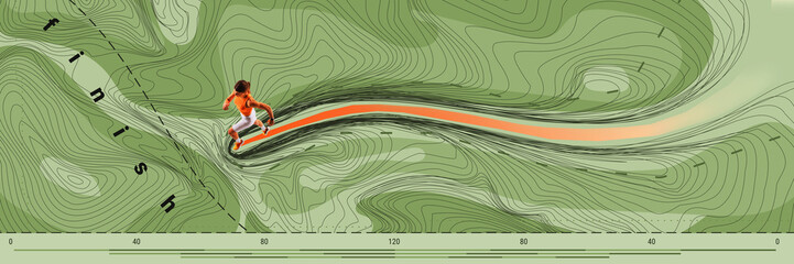 Conceptual art collage. Female runner in orange top accelerates along green mapped surface with bold orange trail toward finish line. Concept of sport competition, surreal, movement. Ad