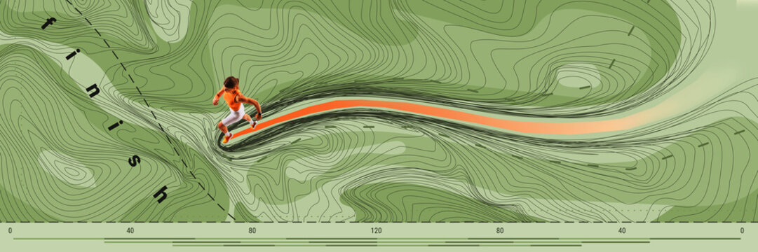 Conceptual art collage. Female runner in orange top accelerates along green mapped surface with bold orange trail toward finish line. Concept of sport competition, surreal, movement. Ad