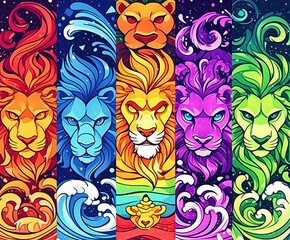 lions, oil painting, multiple colours