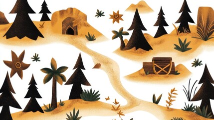 Stylized illustration of a winding path through a forest landscape with mountains and flora
