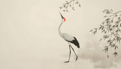 Naklejka premium Elegant crane stands in misty water under willow branches, classic Japanese sumi-e style. 