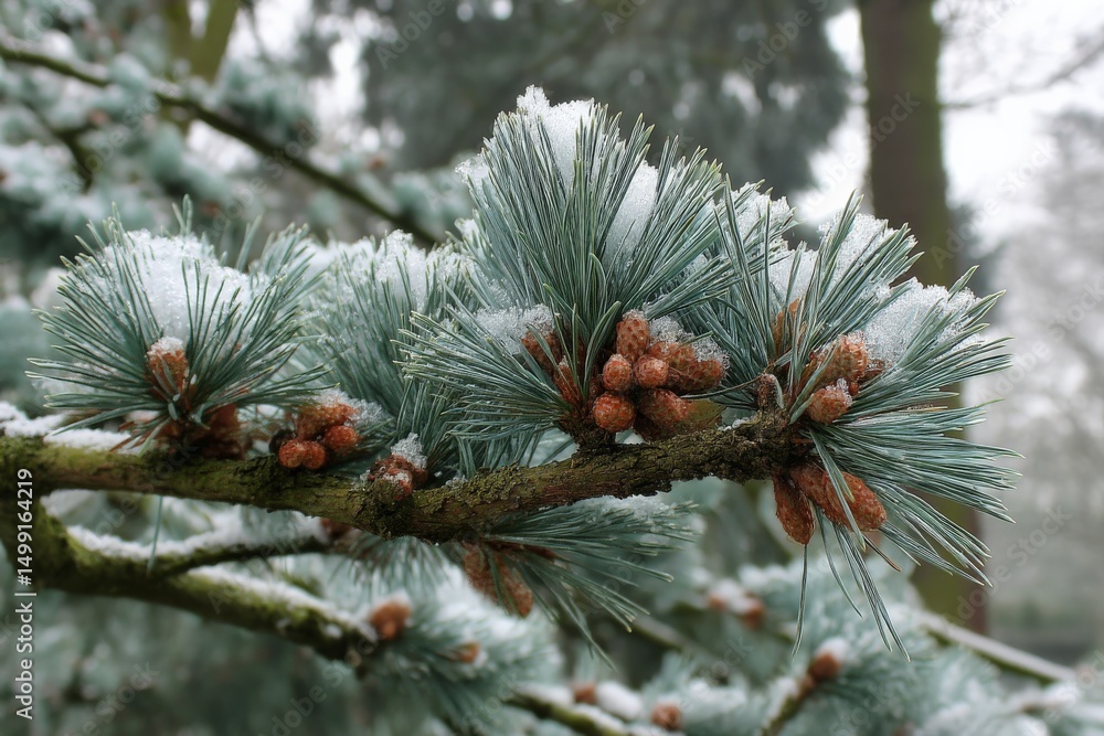 Poster Frost-covered pine tree branches with cones during winter in a serene forest setting