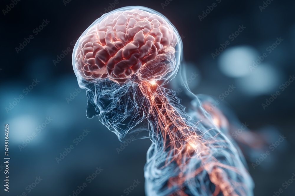 Poster visualization of human brain activity with neural pathways illuminated in a dark environment
