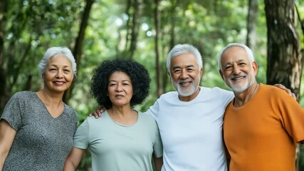 Four older people are smiling and posing for a photo in a forest. Scene is happy and lighthearted, as the group of friends are enjoying each other's company and the beautiful surroundings