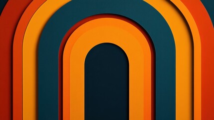 Colorful layered arches in vibrant hues of orange, blue, and yellow against a dark background