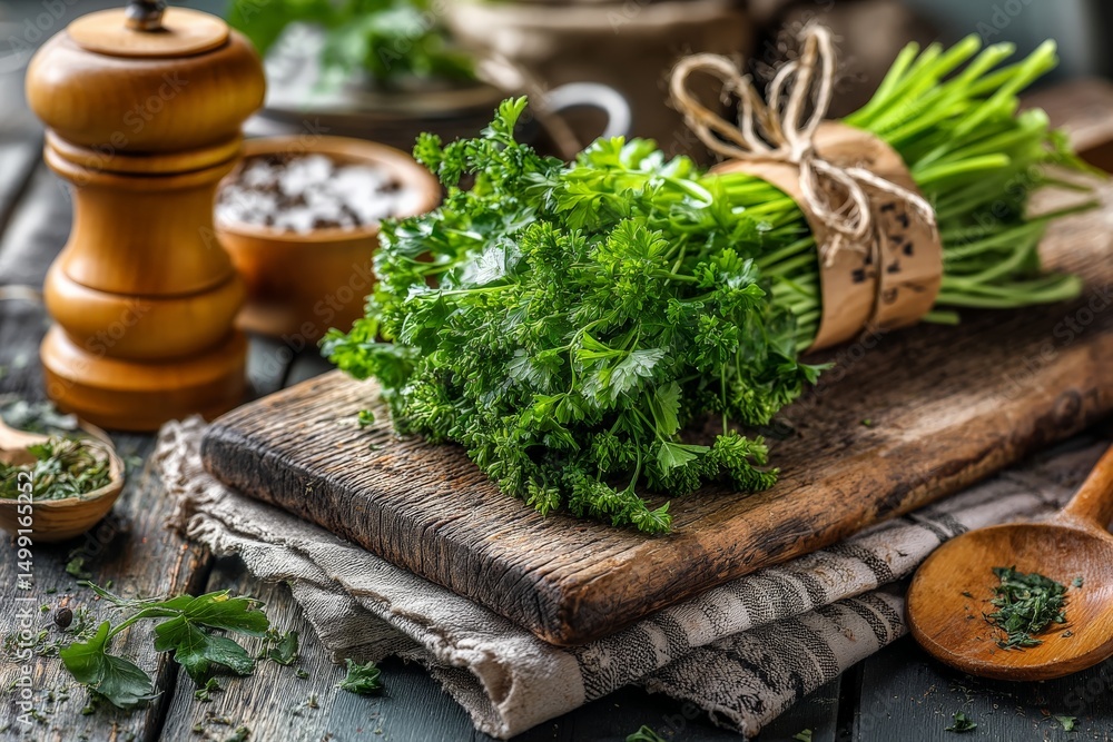 Poster fresh parsley bundle on wooden cutting board with spices and kitchen utensils in rustic setting