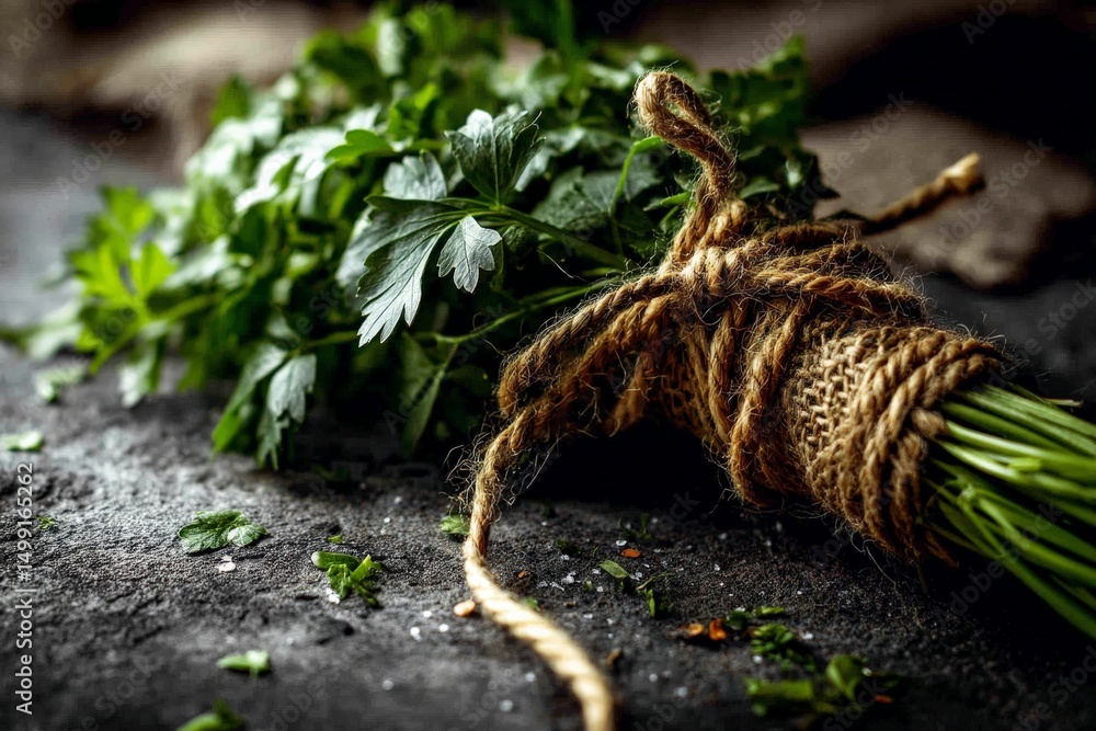 Poster freshly harvested parsley tied with twine on a rustic kitchen countertop with remnants of herbs scat