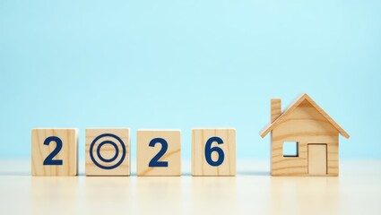 Wooden blocks displaying the year 2026 and a small wooden house.