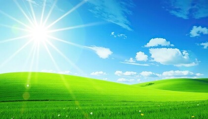 Obraz premium Vibrant sunlit landscape showcasing lush green fields and blue sky , grass, global
