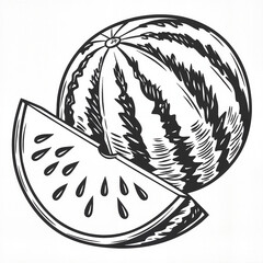Watermelon slice in hand-drawn vintage style in black and white representing summer freshness and organic fruit illustration