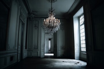 Elegantly decaying hall with ornate chandelier and natural light streaming through large windows