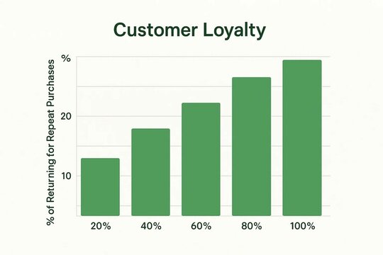 A simple bar graph in green, showcasing the percentage of customers returning for repeat purchases, indicating customer loyalty.