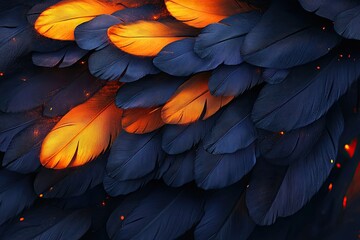 Fototapeta premium Dark blue feathers overlaid with glowing orange-gold accents, creating a dramatic, fiery texture. Small sparks are scattered amidst the plumage