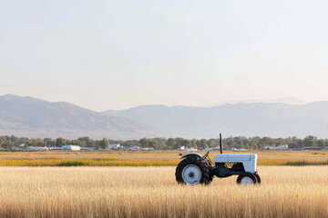 serene landscape featuring single farm tractor in center of golden field soft lighting illuminating scene