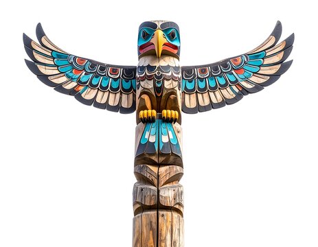 Colorful wooden totem pole carving depicting a spread-winged eagle against a white background
