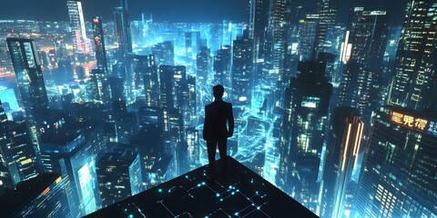 Visionary businessman surveying the vibrant cityscape, a future leader in a modern world, planning strategic growth with ambition and confidence