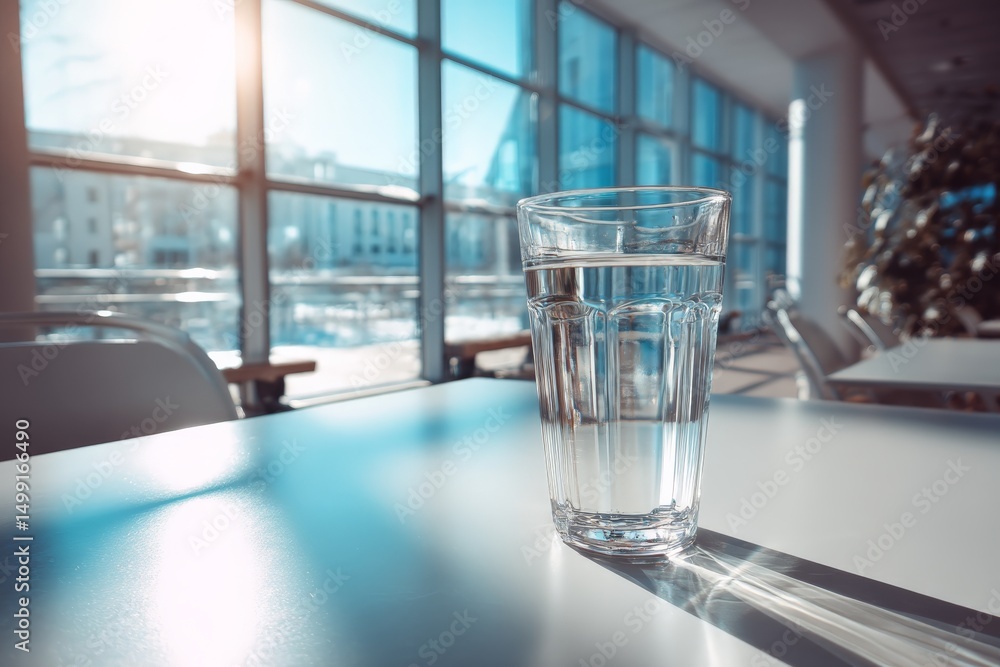 Poster bright indoor setting with a glass of water on a table during the day