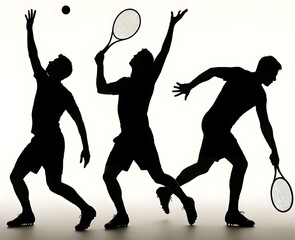 silhouette of a tennis player poses, isolated on a white background