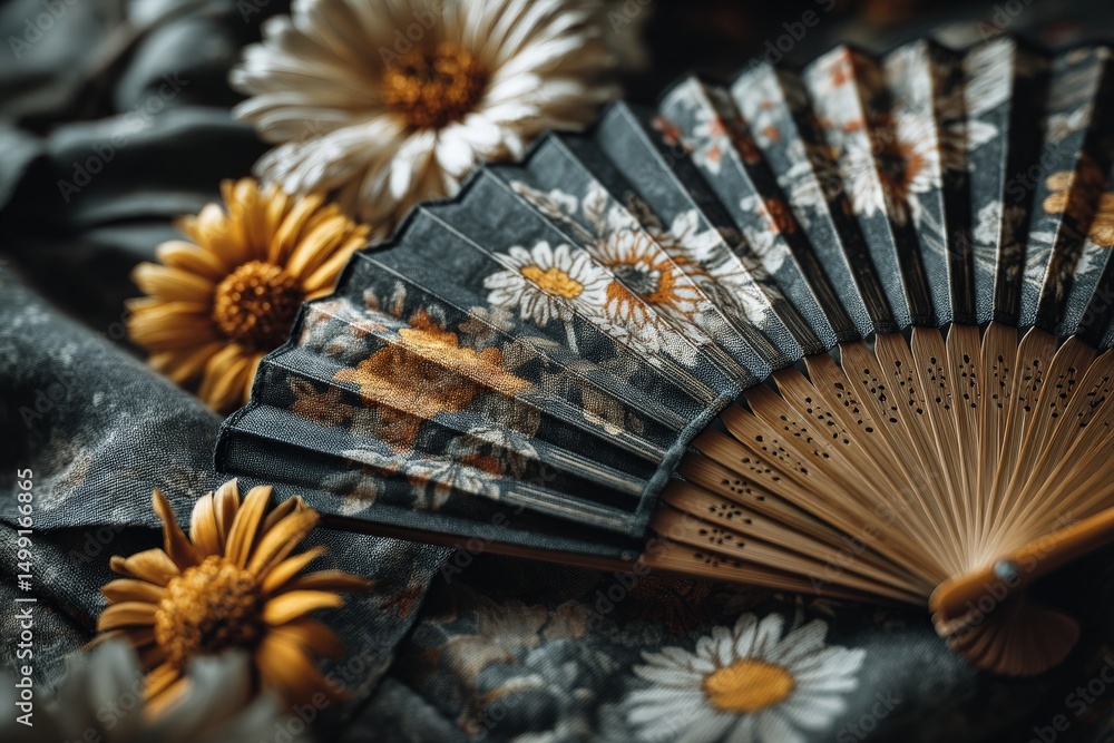Poster elegant floral fan displayed on a fabric background with daisies, showcasing intricate design and na
