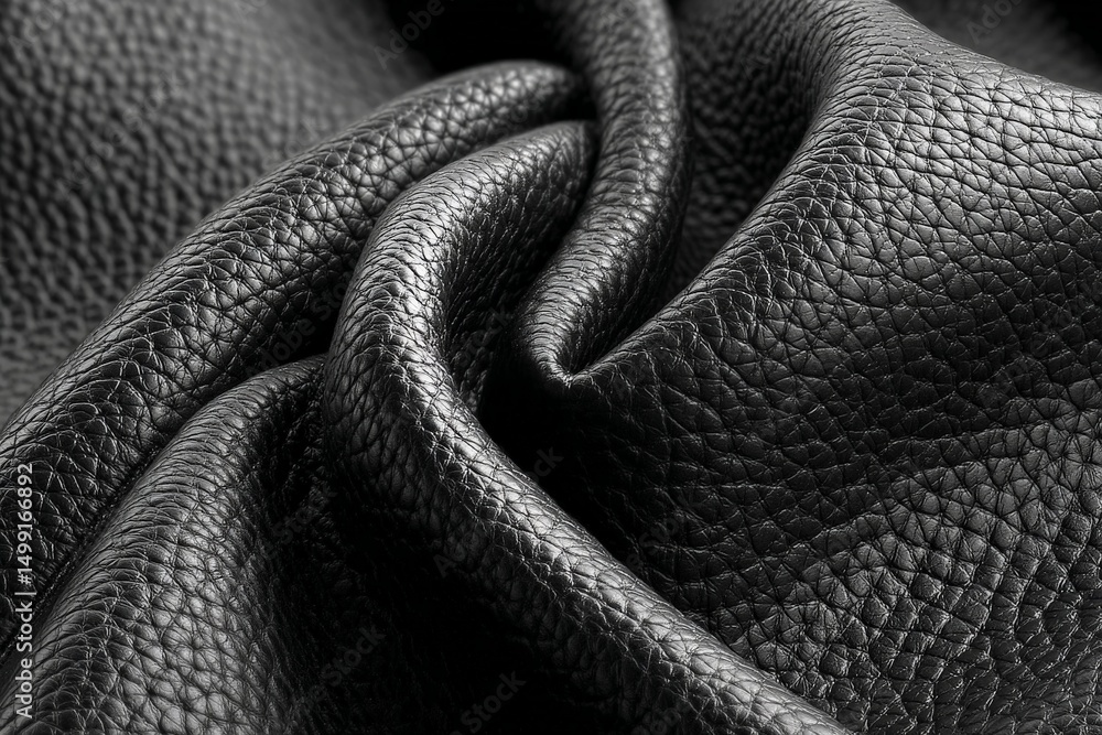Poster detailed texture of black leather fabric with natural folds and creases displayed on a soft surface