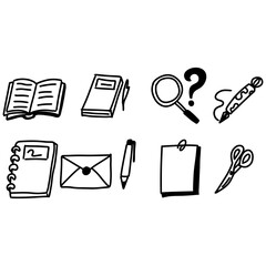 Hand-Drawn Stationery and Office Supplies Icons Books, Notebooks, Pens, Scissors, Magnifying Glass, Envelope, Notepad, and More